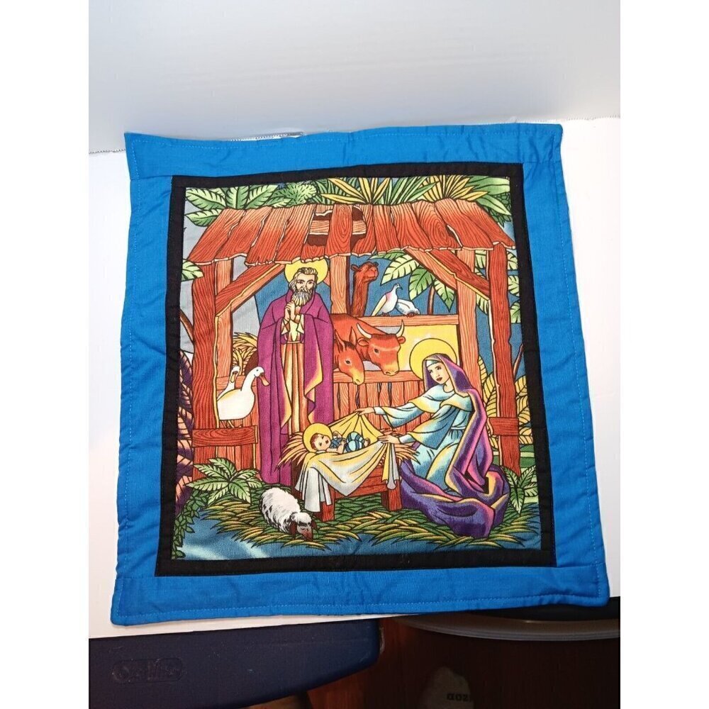 Vintage 2001 Signed Christmas Nativity Colorful Wall Hanging Tapestry